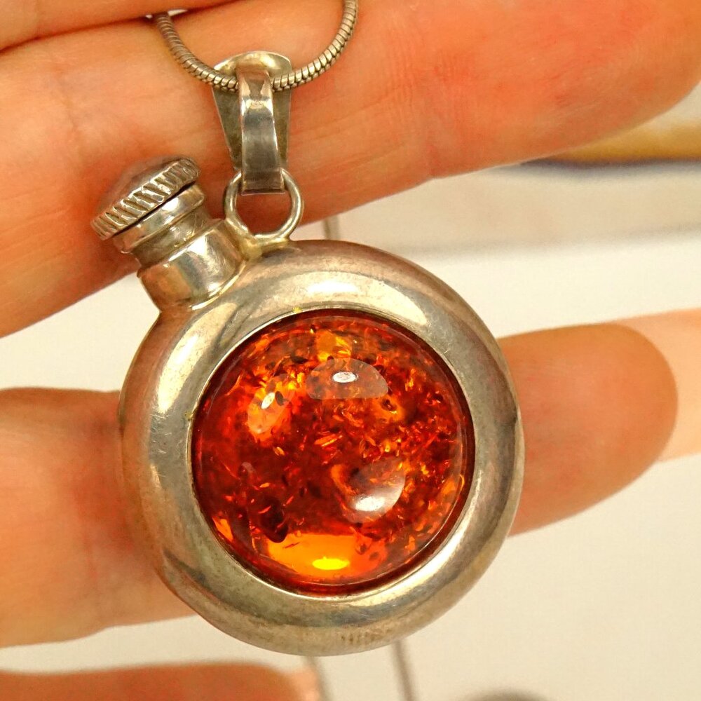 Rare PERFUME BOTTLE PENDANT With 23" Chain, Amber Set In 925 Silver, Rare Gift